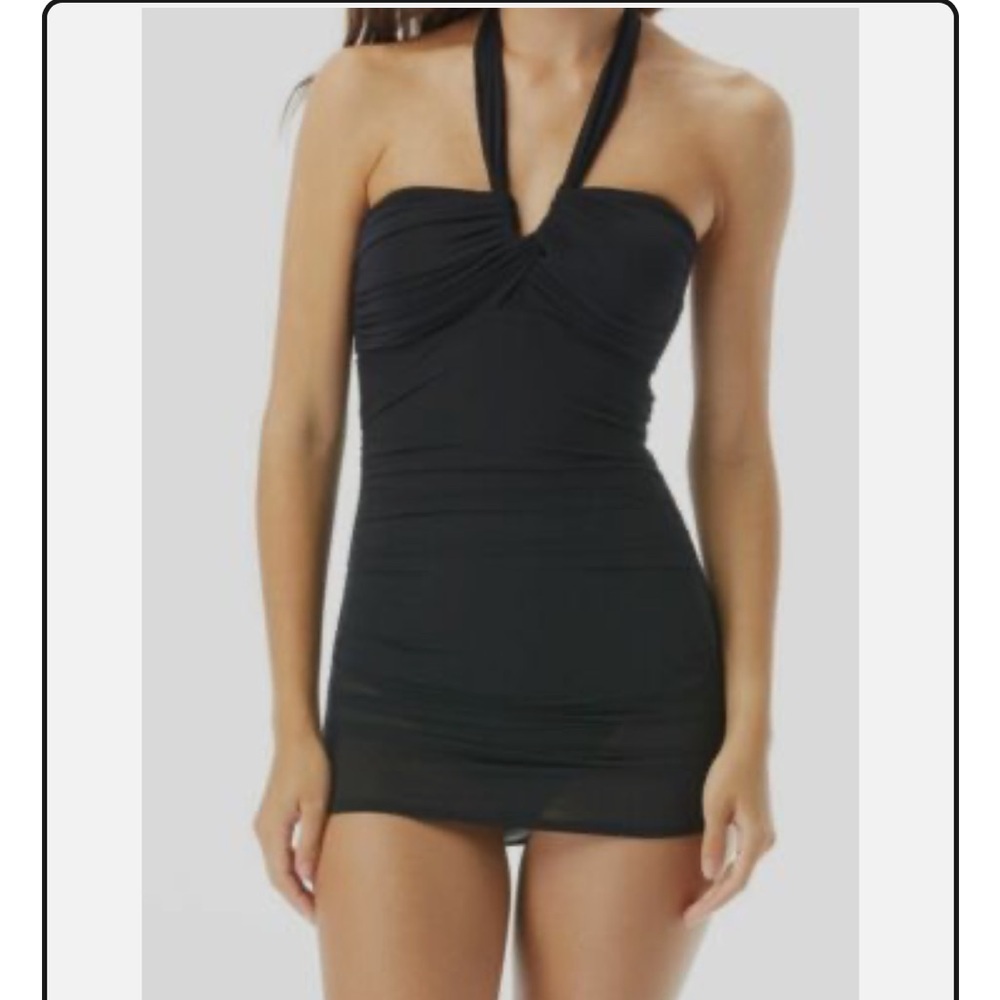 Carmen Marc Valvo Black Halter One Piece with Mesh Overlay